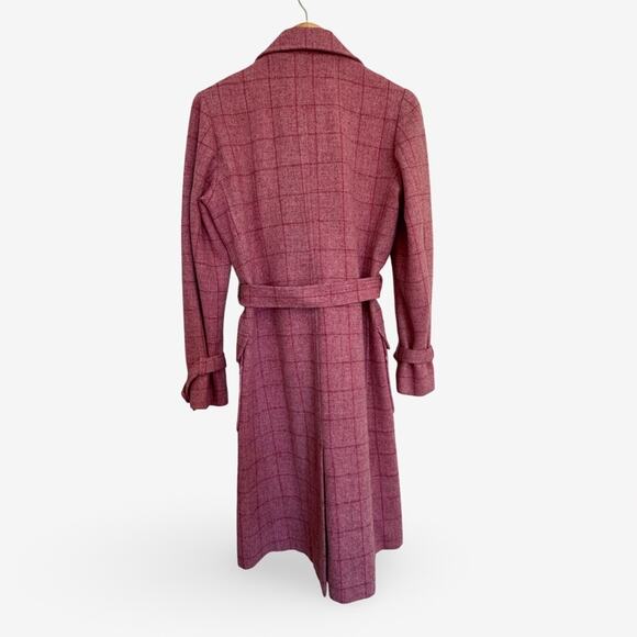 Vintage Pink Plaid Double-Breasted Coat Knee Length UK Size Small Belt Pockets - Picture 7 of 9